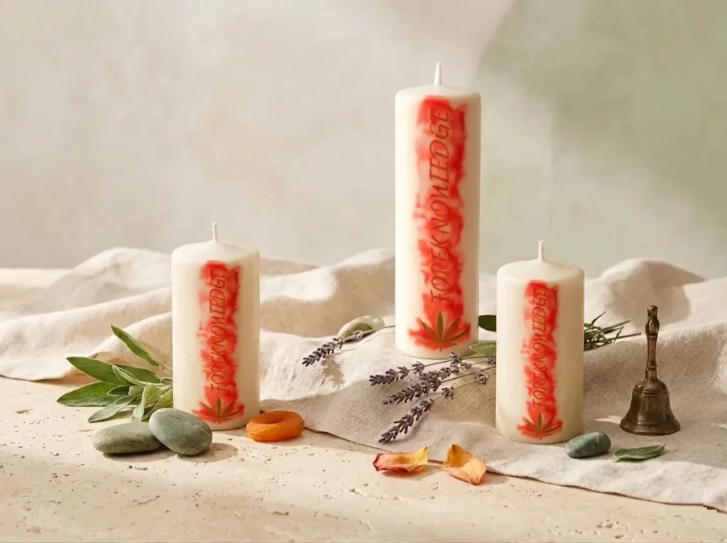 Foreknowledge premium pillar candles with hemp leaf design and natural fragrance ingredients
