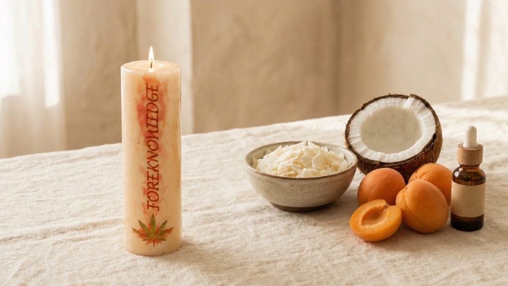 Plant-based candle ingredients with coconut wax, apricot oil, soy wax, and hemp oil