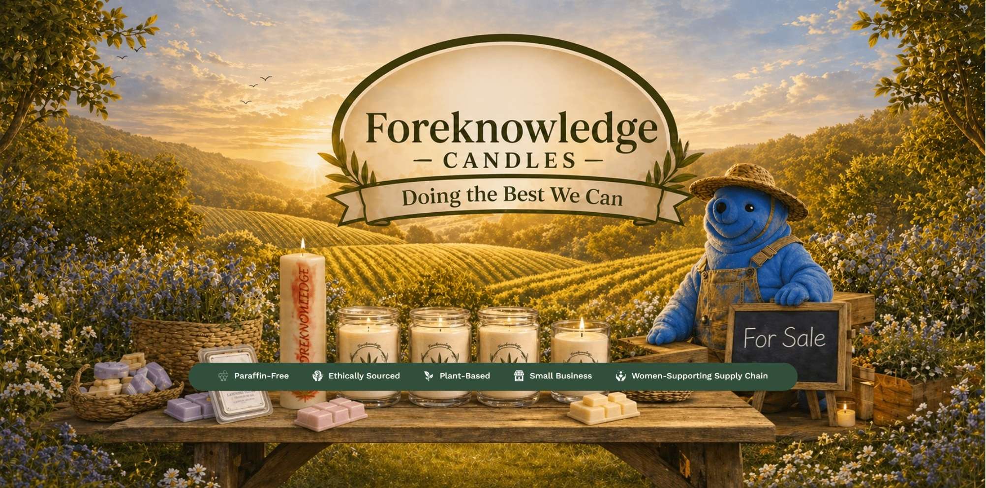 Foreknowledge Candles hemp candle display with water bear mascot in a sunny field